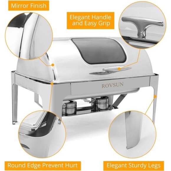 Roll Top Chafing Dish Buffet Set,9 Quart Rectangular Stainless Steel Chafer - Picture 6 of 7